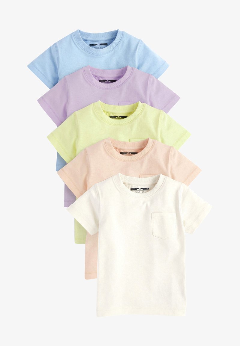 Set de cinci tricouri din bumbac în culori pastel: albastru deschis, lavandă, verde deschis, roz și alb. Toate au mâneci scurte și gât rotund.