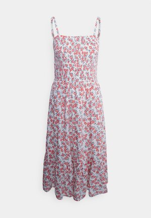Biała sukienka midi z czerwonym i niebieskim kwiatowym nadrukiem, regulowanymi ramiączkami, dopasowanym gorsetem i marszczonym dołem.