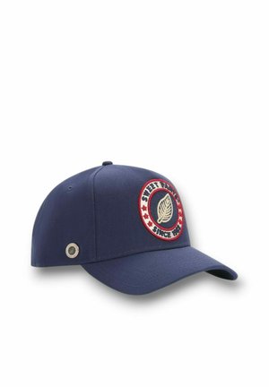 Casquette de baseball bleu marine avec une visière courbée et un écusson rond représentant une feuille et un texte à l'avant.