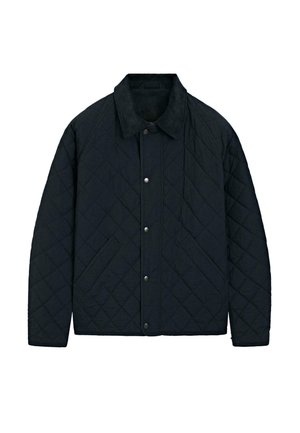 Gequilted zwarte jack met een corduroy kraag, drukknoopsluitingen en zijzakken, ontworpen met een ruitpatroon en een relaxte pasvorm.