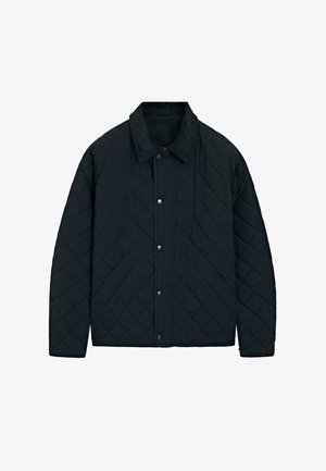 Gepuffte schwarze Jacke mit einem Cordkragen, Druckknöpfen und Seitentaschen, gestaltet mit einem Diamantmuster und einer lockeren Passform.