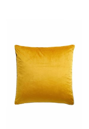 Square mustard yellow velvet cushion with smooth texture on a white background.