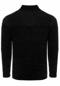 Schwarzer Strickpullover mit geripptem Kragen, langen Ärmeln und strukturiertem Stoff. Verfügt über ein dezentes Muster auf dem gesamten Körper und den Bündchen.