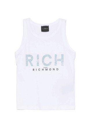 Canotta bianca senza maniche con la scritta "RICH" in punti blu e "John Richmond" stampato sotto in nero.