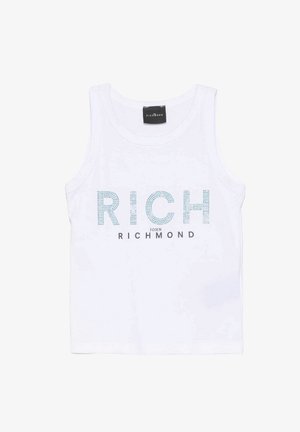Canotta bianca senza maniche con la scritta "RICH" in punti blu e "John Richmond" stampato sotto in nero.