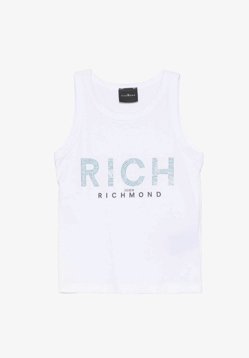 Canotta bianca senza maniche con la scritta "RICH" in punti blu e "John Richmond" stampato sotto in nero.