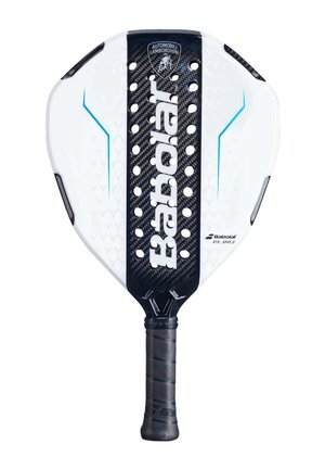 Racchetta da padel Babolat bianca e nera con centro in carbonio forato, accenti blu e impugnatura testurizzata.