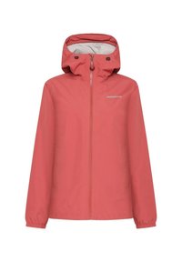 Waterdichte roze jas met capuchon, volledige ritssluiting aan de voorkant, elastische manchetten en zoom, met zijzakken en een subtiel logo.