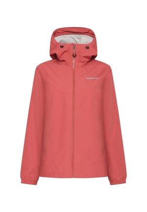 Veste rose imperméable avec capuche, fermeture éclair sur toute la longueur, poignets et ourlet élastiques, dotée de poches latérales et d'un logo discret.