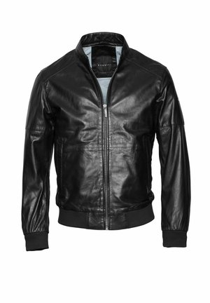 Schwarze Leder-Bomberjacke mit einem Reißverschluss vorne, gerippten Bündchen und Saum, glatter Textur und einem blauen Innenfutter. Einfaches Design ohne Verzierungen.