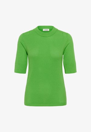 Zöld bordázott kötésű, rövid ujjú pulóver magas gallérral. Könnyű anyag és testhezálló forma. A belső címke felirata: "soaked."