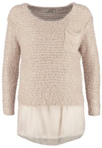 Ljusbeige stickad tröja med långa ärmar, texturerad fluff och en liten ficka. Har en lager-på-lager-look med ett slätt, lätt tyg under.