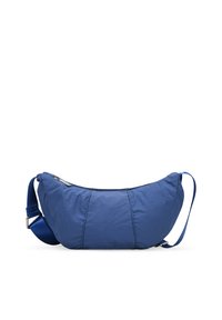 Bolso de tela suave en color azul con forma curva, cierre de cremallera y correa ajustable. Presenta costuras visibles y un diseño minimalista.