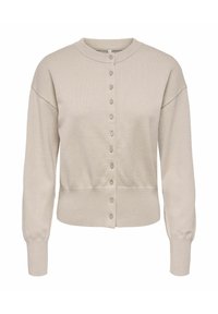Beige Strickjacke mit rundem Ausschnitt, langen Ärmeln und Knopfleiste vorne. Weiche Stricktextur sowie gerippte Bündchen und Saumdetails.