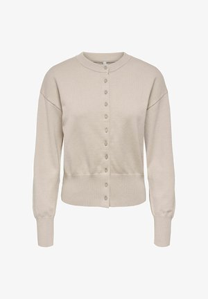 Beige cardigan med rund halsudskæring, lange ærmer og knaplukning foran. Blød strikket tekstur samt ribstrikkede manchetter og kantdetaljer.