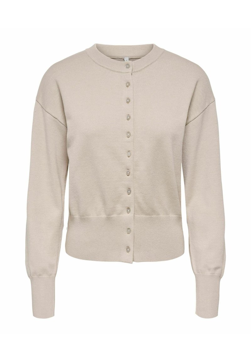 Beige Strickjacke mit rundem Ausschnitt, langen Ärmeln und Knopfleiste vorne. Weiche Stricktextur sowie gerippte Bündchen und Saumdetails.