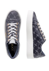 Navy sneakers with a textured finish, white laces, and gold eyelets. Patterned detail on the upper, white rubber sole. Brand logo visible.