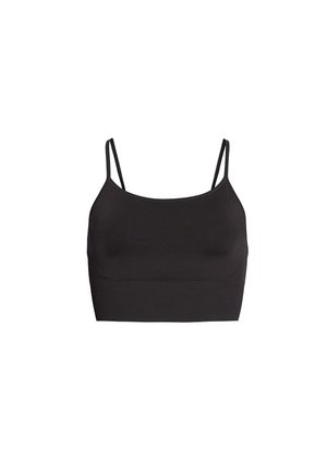 Soutien-gorge de sport noir avec des bretelles spaghetti, texture lisse et tissu extensible pour le confort. Design simple et minimaliste sans motifs supplémentaires.