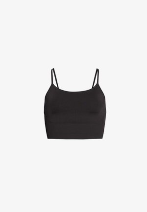 Soutien-gorge de sport noir avec des bretelles spaghetti, texture lisse et tissu extensible pour le confort. Design simple et minimaliste sans motifs supplémentaires.