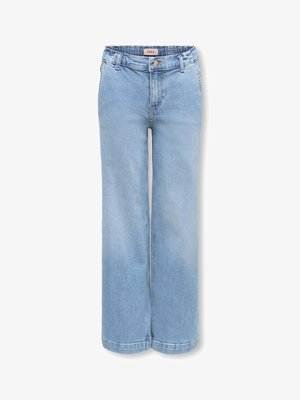 Világoskék, magas derekú, bőszárú farmernadrág övtartókkal, elülső zsebekkel, gombos és cipzáras lezárással, belső derékrészen "ONLY" felirattal.