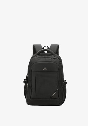 Sac à dos noir en tissu texturé, avec des bretelles rembourrées ajustables, une poignée supérieure, une poche avant et une bande réfléchissante diagonale.