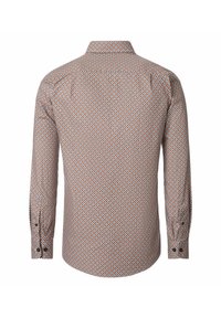 Langarmhemd mit einem kleinen, sich wiederholenden geometrischen Muster in Orange, Weiß und Blau, von hinten mit geknöpften Manschetten gezeigt.