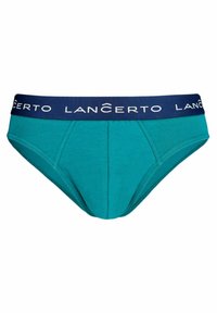 Turkusowe bokserki z granatowym pasem, na którym widnieje logo "LANCERTO". Wykonane z miękkiej tkaniny, zaprojektowane w dopasowanym kroju z wzmocnionymi szwami.