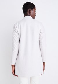 Cappotto lungo grigio chiaro con una texture liscia simile alla lana. Presenta maniche lunghe e una silhouette dritta, dettagli minimi e un design moderno.