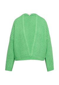 Grüner, gestrickter Oversized-Cardigan mit tiefem V-Ausschnitt, gerippten Bündchen und strukturiertem Stoff. Verfügt über überschnittene Schultern und eine verkürzte Länge.