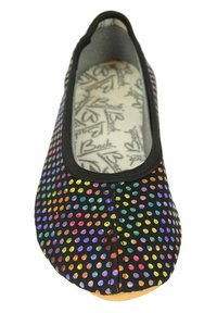 Schwarze Stoff-Ballettschuhe mit mehrfarbigem Punktenmuster, runder Zehenpartie, elastischem Rand und texturiertem Fußbett mit Logo-Print.