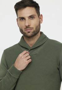 Grüner strukturierter Pullover mit Schalkragen und gerippten Bündchen, der eine taillierte Form und ein dezentes gewebtes Muster aufweist.