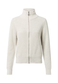 Maglione grigio chiaro con colletto alto, zip frontale completa, trama a coste e maniche lunghe. Presenta motivi a maglia a contrasto.