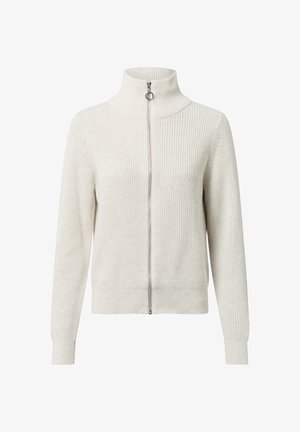 Pull gris clair avec col montant, fermeture éclair sur toute la longueur, texture côtelée et manches longues. Présente des motifs de tricot contrastants.