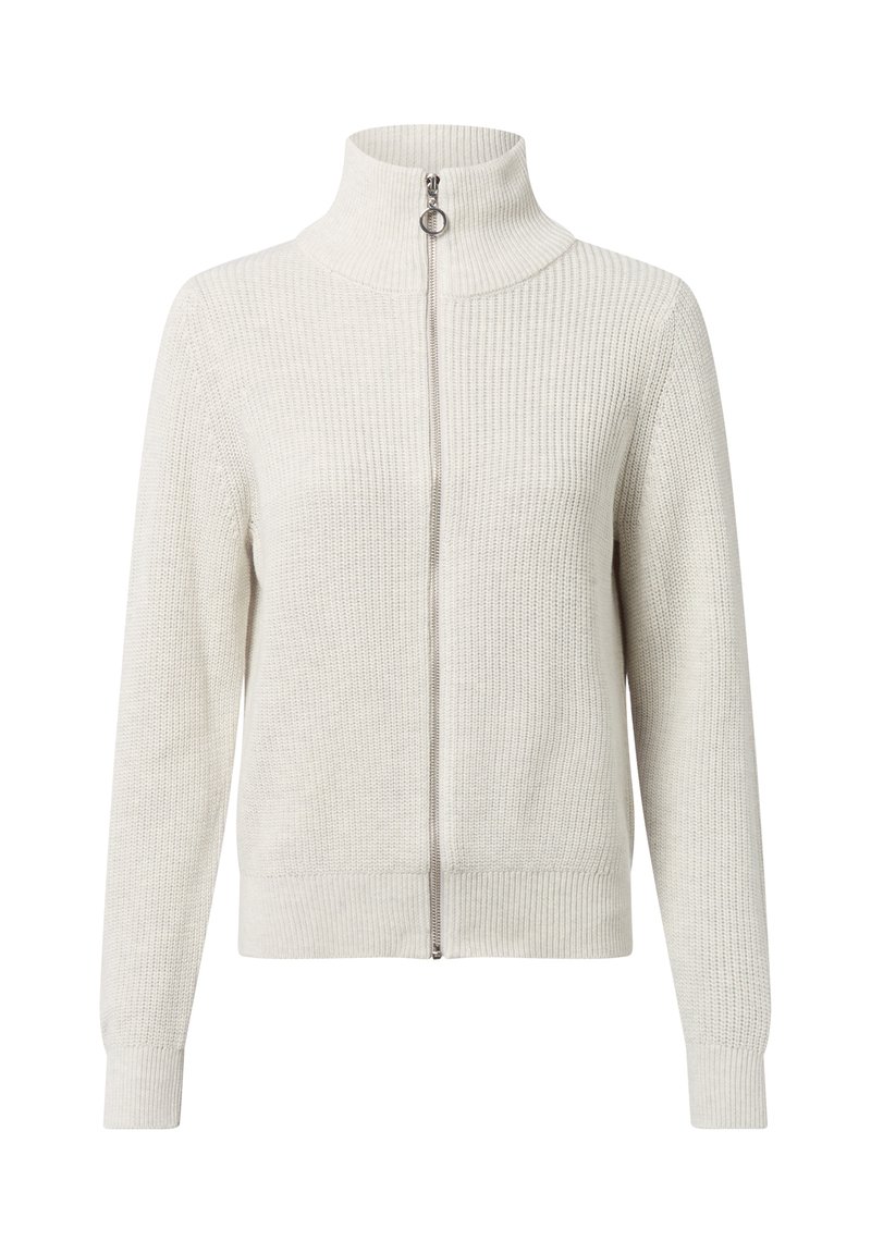 Maglione grigio chiaro con colletto alto, zip frontale completa, trama a coste e maniche lunghe. Presenta motivi a maglia a contrasto.