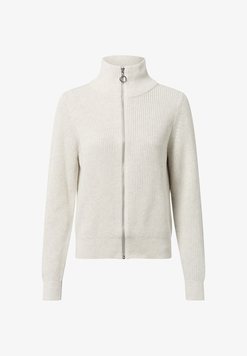 Maglione grigio chiaro con colletto alto, zip frontale completa, trama a coste e maniche lunghe. Presenta motivi a maglia a contrasto.