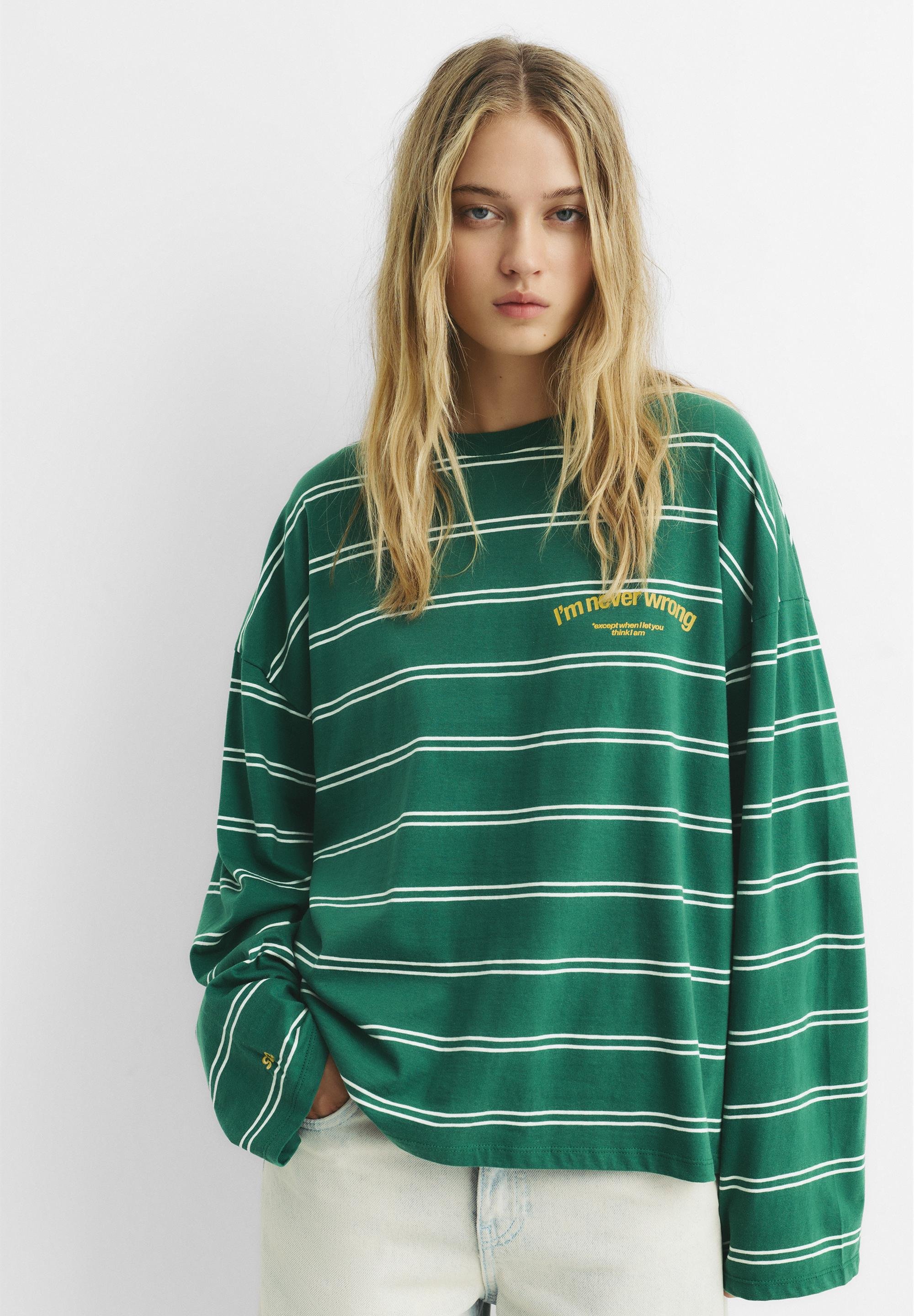 Sweat Pull&Bear Vert Femme Taille S – Manches Longues, Volants, Col Rond
