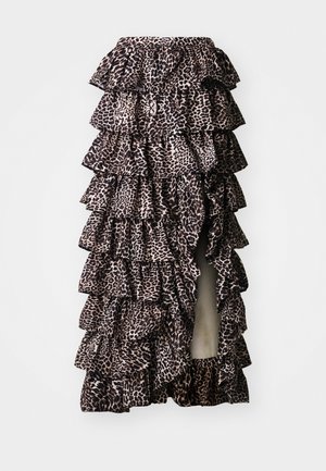 Gonna maxi in stampa leopardata con volants sovrapposti, caratterizzata da una vita elastica e uno spacco laterale per un maggiore movimento. Il tessuto testurizzato completa il design.