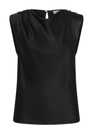 Mustad varrukateta top ühtlase kangaga, drapeeringuga, kõrge kaelusega ja seljal olev keyhole-avaga, mis on kinnitatud nööbiga.