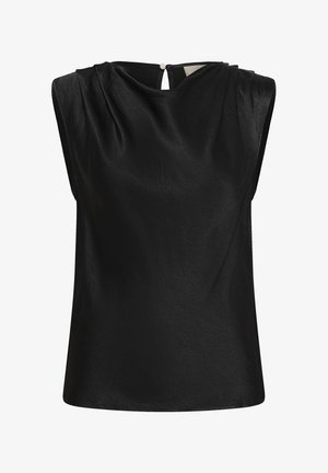 Fekete ujjatlan felső drapériás dizájnnal, sima textúrával, magas nyakkal és a hátán gombbal záródó kulcslyuk nyílással.