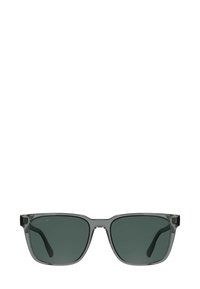 Occhiali da sole grigi con lenti rettangolari, tinta verde scuro e montatura trasparente. Presentano aste spesse e un marchio discreto sul lato.