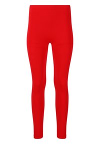 Kirkkaita punaisia saumattomia täyspitkiä legginssejä, joissa on korkea vyötärö, suunniteltu tiukaksi urheiluhengeksi.