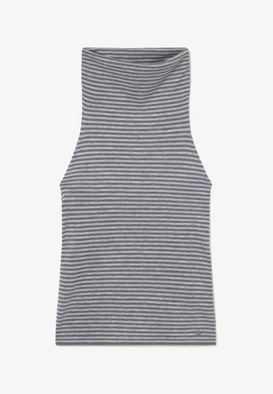 Top sans manches à col roulé rayé horizontalement gris et blanc avec une silhouette ajustée et un petit logo près de l’ourlet inférieur.