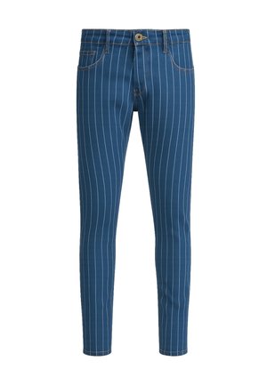 Blauwe slim-fit broek met witte verticale strepen, knopen aan de voorkant, ritssluiting en voor- en achterzakken.