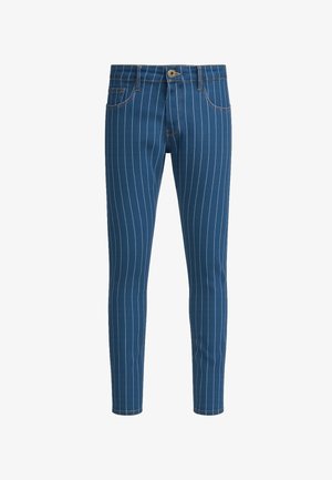 Blauwe slim-fit broek met witte verticale strepen, knopen aan de voorkant, ritssluiting en voor- en achterzakken.