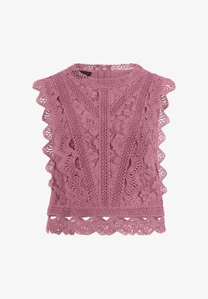 Sleeveless mauve lace blouse with floral patterns, scalloped edges, and a round neckline with a back zipper closure.