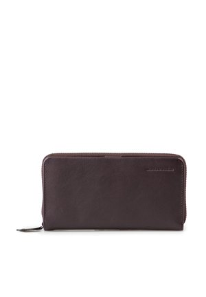 Dark brown leather zip-around wallet with subtle embossed brand name on front against white background.