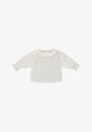 Chemise blanche pour bébé à manches longues avec col et poignets volantés, présentant des détails de surpiqûres roses le long des bords.
