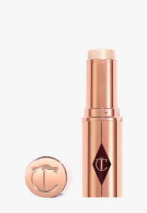 Roségold-Make-up-Stick Highlighter mit entferntem Deckel, der das geprägte Logo sowohl auf dem Deckel als auch am Körper zeigt.