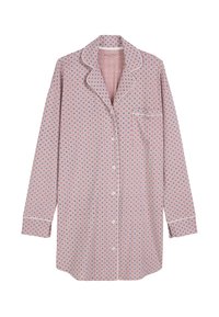 T-shirt de pyjama à manches longues en rose clair, avec un motif circulaire en bleu, un col à revers, une patte de boutonnage et une poche poitrine.