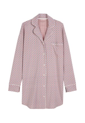 Pigiama a maniche lunghe di colore rosa chiaro, con un motivo circolare blu, colletto a risvolto, pattina con bottoni e taschino sul petto.